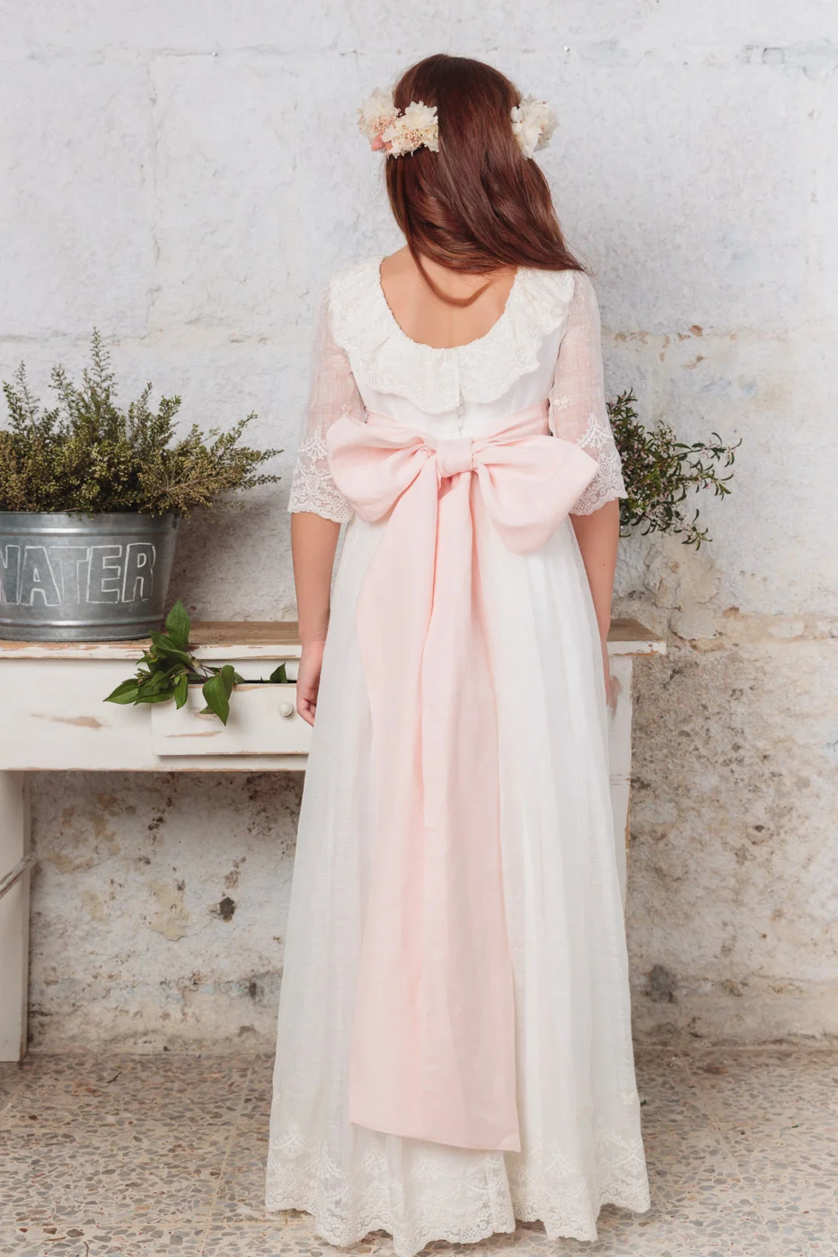 VESTIDO COMUNION 2024 DE LINO RUSTICO ROSA
