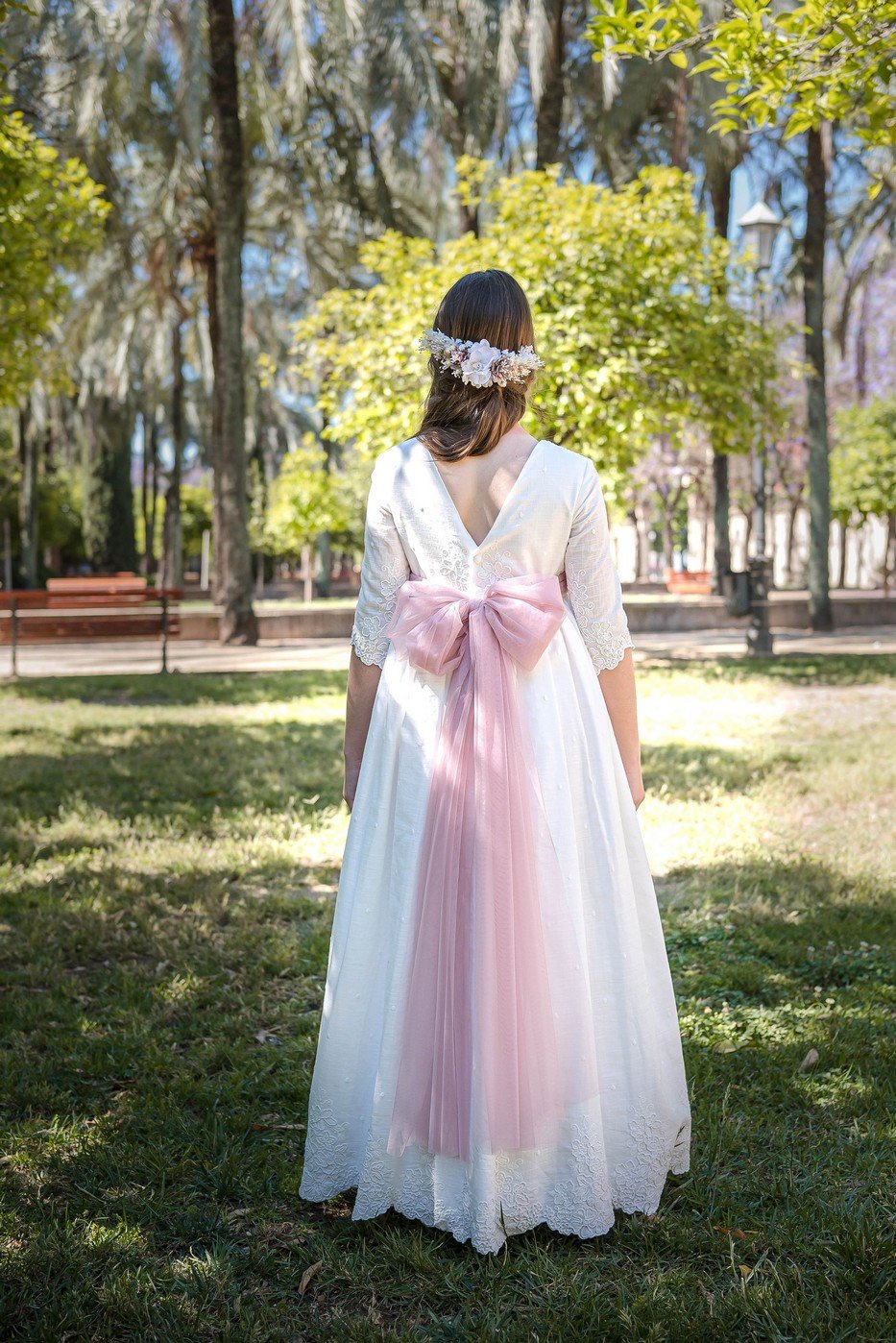 Vestido comunión Julieta Infantil 2025, estilo hanbok coreano, lazo rosa, manga larga, tul blanco