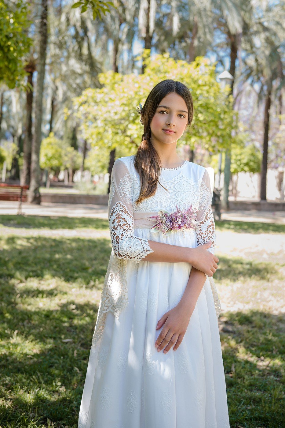 Vestido comunión Julieta Infantil 2025, manga tres cuartos encaje, cinturón floral, estilo romántico boho chic