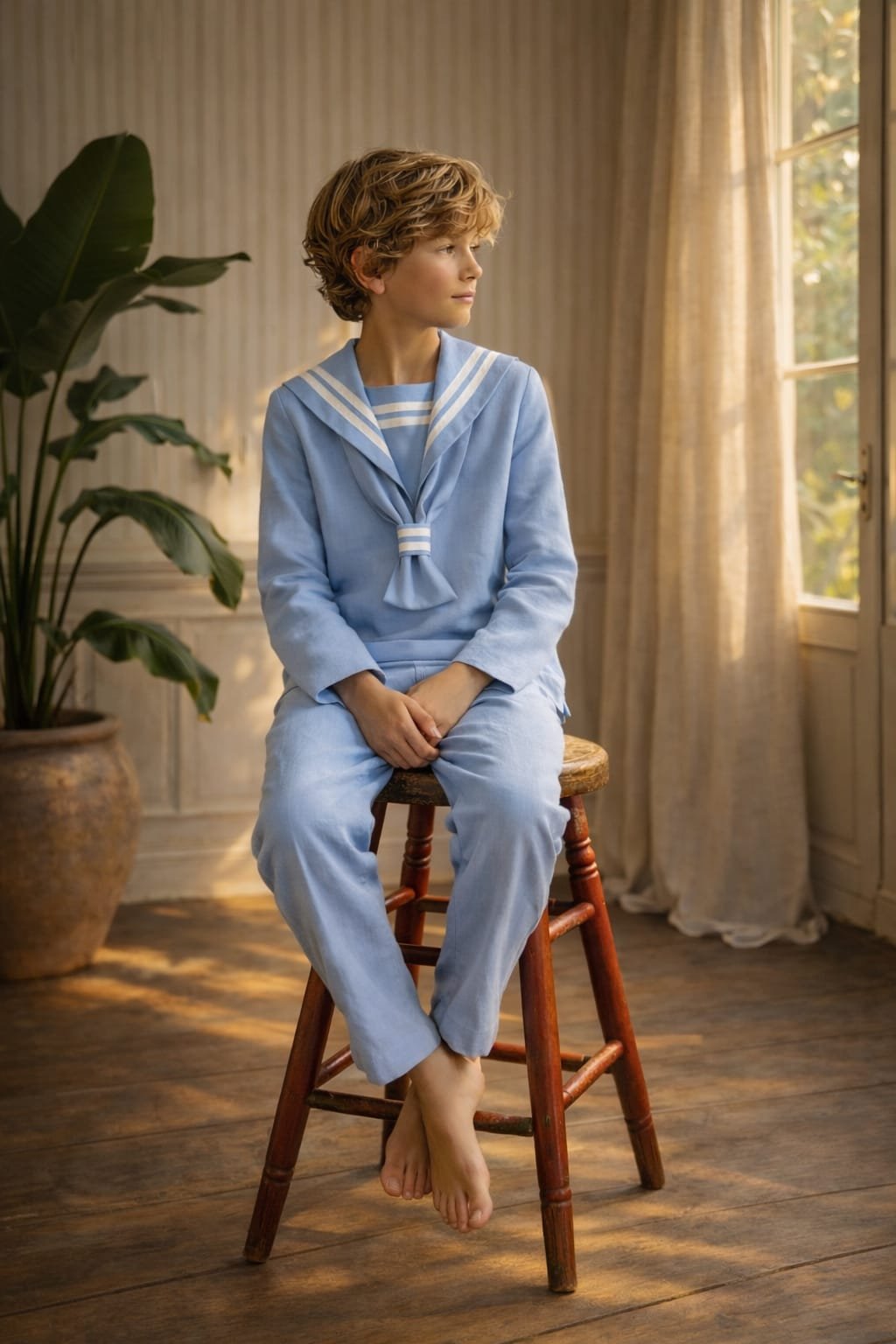 Traje de comunión niño 2027 marinero en lino azul claro con cuello y lazo de rayas